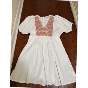 Madewell White Cotton Embroidered V-Neck Puff Sleeve Mini Dress Small